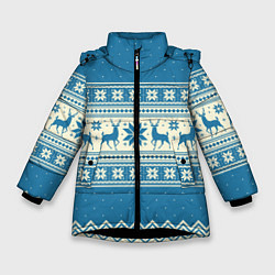 Куртка зимняя для девочки Sweater with deer on a blue background, цвет: 3D-черный