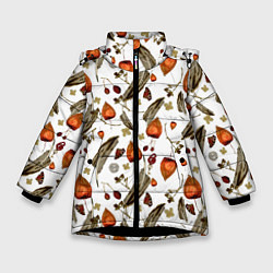 Куртка зимняя для девочки Перья и физалис, цвет: 3D-черный