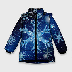 Куртка зимняя для девочки Новогодние снежинки кружатся, цвет: 3D-черный
