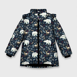Куртка зимняя для девочки Акварельные медведи и олени, цвет: 3D-черный