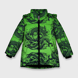 Куртка зимняя для девочки Дракон и Дед Мороз паттерн на зеленом, цвет: 3D-черный
