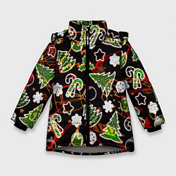Куртка зимняя для девочки Ёлочные игрушки и ёлки, цвет: 3D-светло-серый