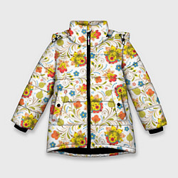 Куртка зимняя для девочки Хохломская роспись разноцветные цветы на белом фон, цвет: 3D-черный