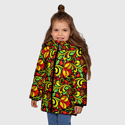 Куртка зимняя для девочки Хохломская роспись красные цветы и ягоды, цвет: 3D-черный — фото 2