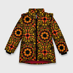 Куртка зимняя для девочки Хохломская роспись круги из цветов и ягод, цвет: 3D-красный