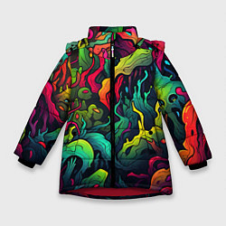 Куртка зимняя для девочки Абстрактный камуфляж в кислотных абстрактных пятна, цвет: 3D-красный