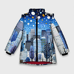 Куртка зимняя для девочки Новогодний синий ночной город, цвет: 3D-красный