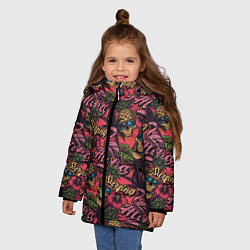 Куртка зимняя для девочки Черепа из ананасов и розовые фламинго, цвет: 3D-светло-серый — фото 2
