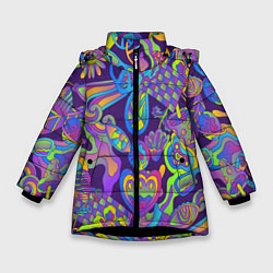 Куртка зимняя для девочки Психоделические цветы, цвет: 3D-черный