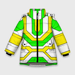 Куртка зимняя для девочки Зелёные и жёлтые техно линии, цвет: 3D-светло-серый