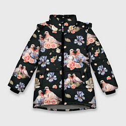Куртка зимняя для девочки Голуби с розами и ирисами black, цвет: 3D-светло-серый