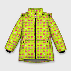 Куртка зимняя для девочки Сердечки на салатовом фоне, цвет: 3D-светло-серый