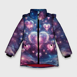 Куртка зимняя для девочки Космические сердца - звезды, цвет: 3D-красный