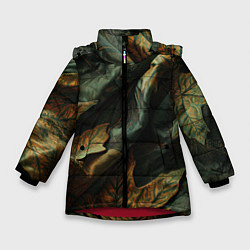 Куртка зимняя для девочки Реалистичный охотничий камуфляж из ткани и листьев, цвет: 3D-красный