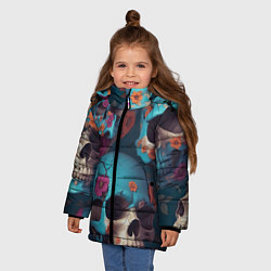 Куртка зимняя для девочки Черепа с цветами синие, цвет: 3D-светло-серый — фото 2