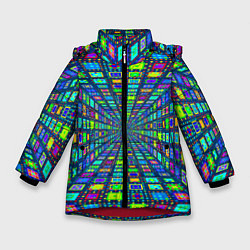 Куртка зимняя для девочки Абстрактный узор коридор из разноцветных квадратов, цвет: 3D-красный