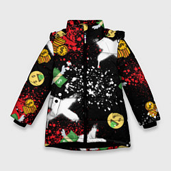 Куртка зимняя для девочки Денежные смайлики и пачки долларов с крыльями, цвет: 3D-черный