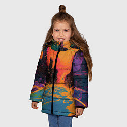 Куртка зимняя для девочки Абстрактная городская улица со зданиями и река, цвет: 3D-черный — фото 2