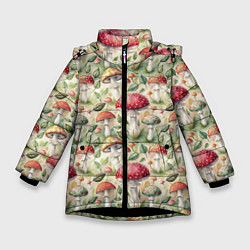 Зимняя куртка для девочки Дикие грибы лесные мухоморы паттерн