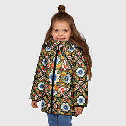 Куртка зимняя для девочки Русские цветочные узоры красно-желтые, цвет: 3D-черный — фото 2