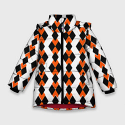 Куртка зимняя для девочки Чёрные и оранжевые ромбы на белом фоне, цвет: 3D-красный