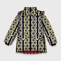 Куртка зимняя для девочки Жёлто-белые треугольники на чёрном фоне, цвет: 3D-красный