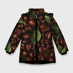 Куртка зимняя для девочки Кофейные зёрна с листьями, цвет: 3D-черный