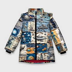 Куртка зимняя для девочки Джинсовый пэчворк с пришельцами, цвет: 3D-красный