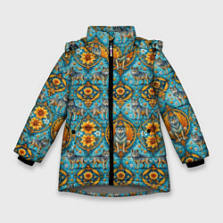 Куртка зимняя для девочки Узоры волки и цветы, цвет: 3D-светло-серый