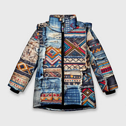 Куртка зимняя для девочки Пэчворк узоры индейцев, цвет: 3D-черный