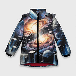Куртка зимняя для девочки Слияние двух галактик - неоновое свечение, цвет: 3D-красный
