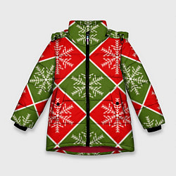 Куртка зимняя для девочки Рождественский паттерн со снежинками в ромбах, цвет: 3D-красный