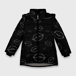 Куртка зимняя для девочки Паттерн серый контур губ на чёрном - lips black, цвет: 3D-светло-серый