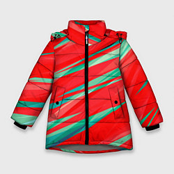 Куртка зимняя для девочки Красный и бирюзовый абстрактный полосы, цвет: 3D-светло-серый
