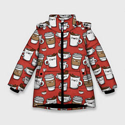 Куртка зимняя для девочки Веселые чашки кофе, цвет: 3D-черный