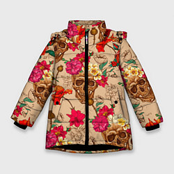 Куртка зимняя для девочки Черепа в цветах, цвет: 3D-черный