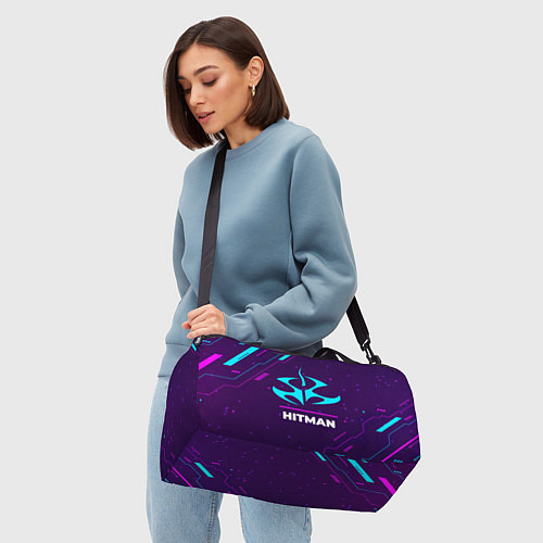 Спортивная сумка Символ Hitman в неоновых цветах на темном фоне / 3D-принт – фото 4