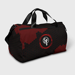 Спортивная сумка Символ Sally Face и краска вокруг на темном фоне