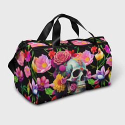 Спортивная сумка Skull on a background of flowers - irezumi