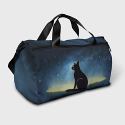 Спортивная сумка Черный кот и звезды - акварель