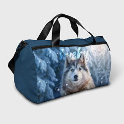 Спортивная сумка Хаски с голубыми глазами в зимнем лесу