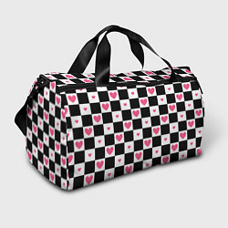 Спортивная сумка Розовые сердечки на фоне шахматной черно-белой дос