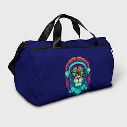 Спортивная сумка Лев в наушниках киберпанк синий