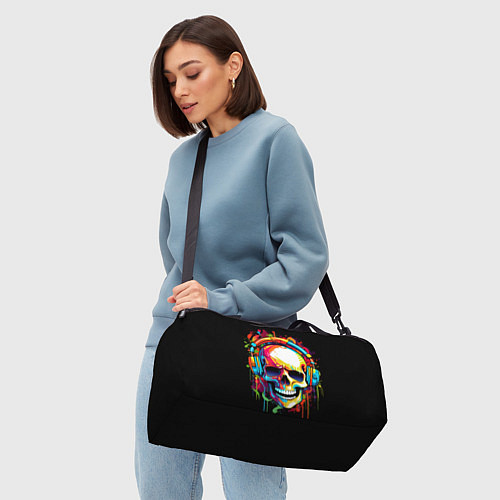 Спортивная сумка Яркий череп в наушниках нарисованный красками / 3D-принт – фото 4