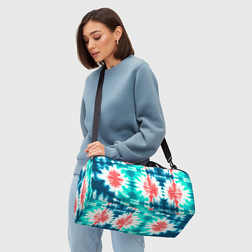 Спортивная сумка Тай дай разводы бирюзовые с коралловым и синим / 3D-принт – фото 4