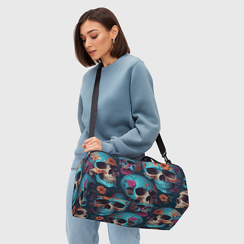 Спортивная сумка Черепа с цветами синие / 3D-принт – фото 4