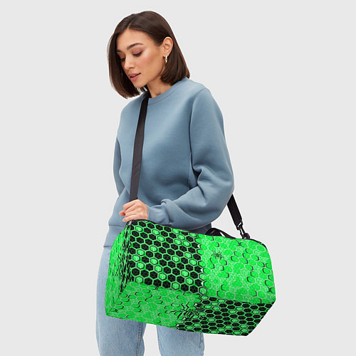 Спортивная сумка Техно-киберпанк шестиугольники зелёный и чёрный с / 3D-принт – фото 4