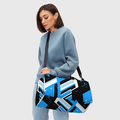 Спортивная сумка Бело-синие полосы на чёрном фоне / 3D-принт – фото 4