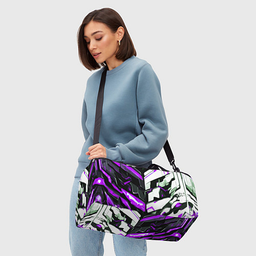 Спортивная сумка Хаотичная фиолетово-белая абстракция на чёрном фон / 3D-принт – фото 4