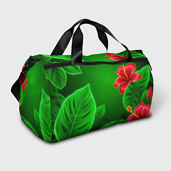 Сумки спортивные Гибискус на зелёном - неоновые листья, цвет: 3D-принт